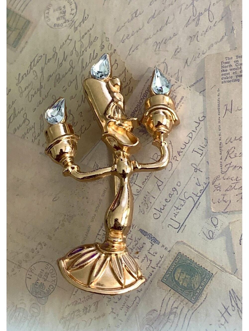 Charming Gold Candleholder Brooch with Sparkling Crystal Flames